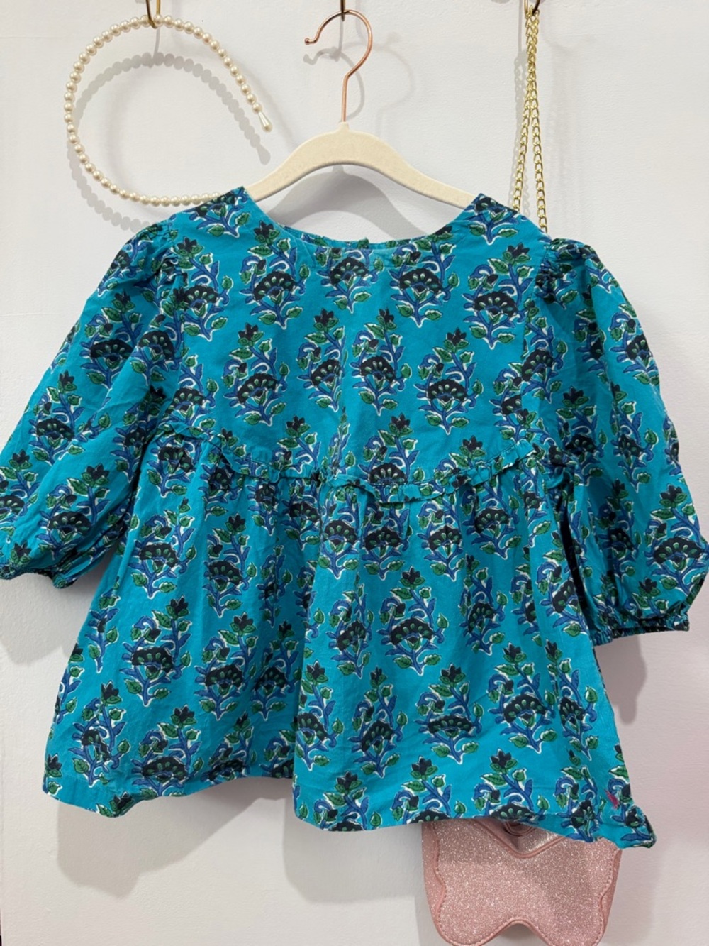 Pink Chicken Teal Floral Peasant Blouse